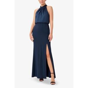 ADRIANNA PAPELL Navy Blue Halter Maxi Gown Slit Size Sleeveless Size 4